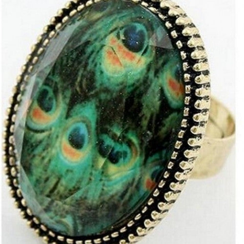 Peacock Feather Crystal Imitation Gem Ring - Antique Vintage Oval Ring Open size Ring